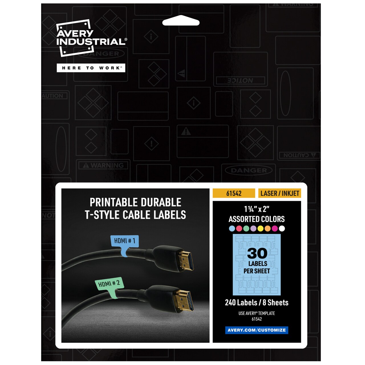 Avery Cable Labels, T-Style Self-Adhesive Cord Labels, 1.25" x 2", 8 Colors, Tear-Resistant Wire Labels, Laser/Inkjet and Handwrite-Compatible, 240 Wire Marking Labels Total (61542)